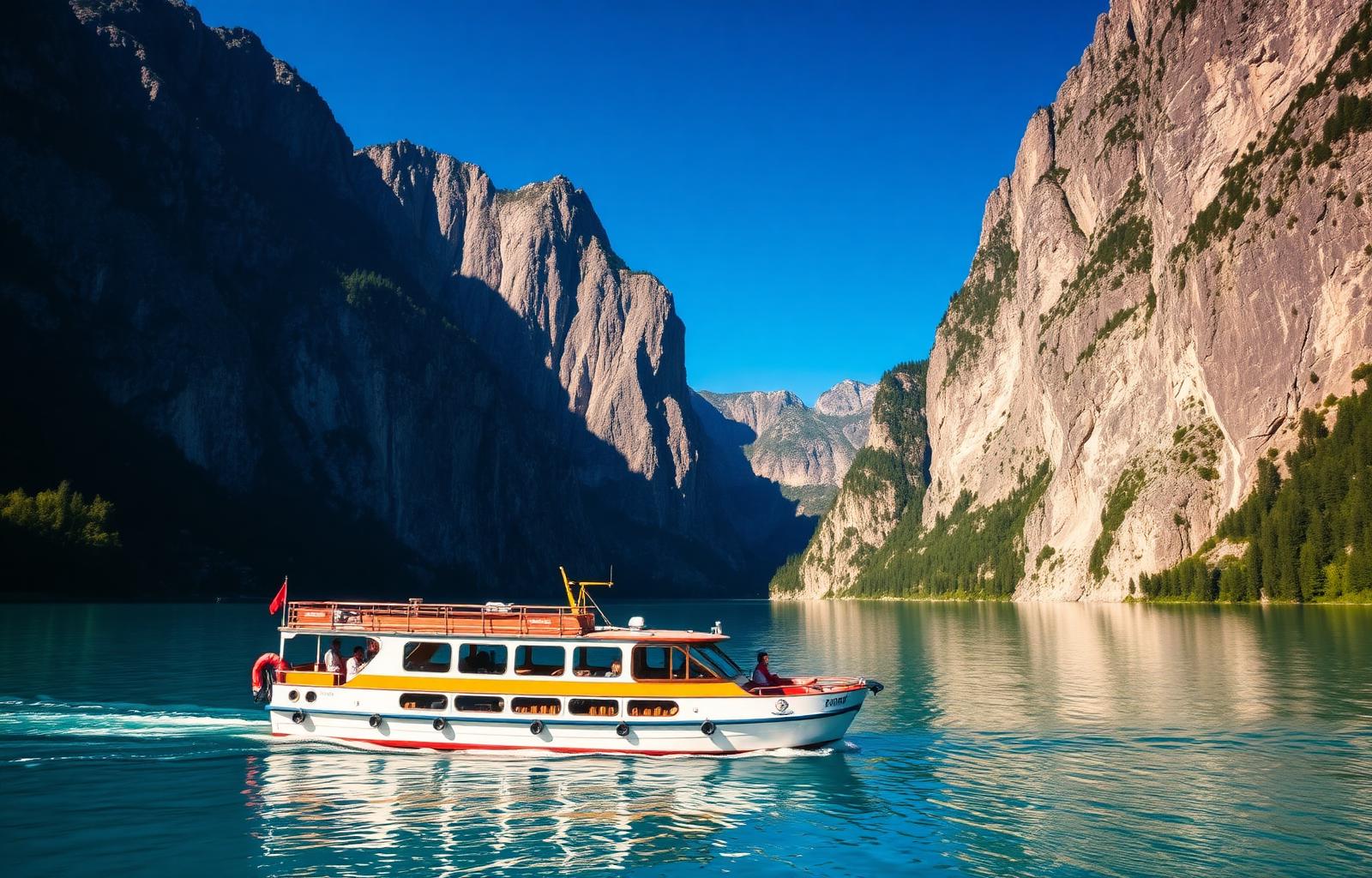 Walenseeschiff fährt zwischen den steilen Felswänden der Churfirsten